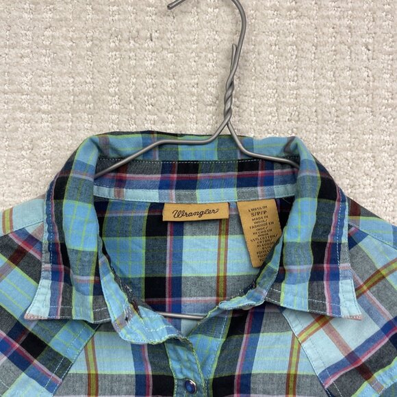 Wrangler Shirt Womens S Blue Plaid Retro Western Pearl Snap Long Sleeve Boho - Picture 5 of 13